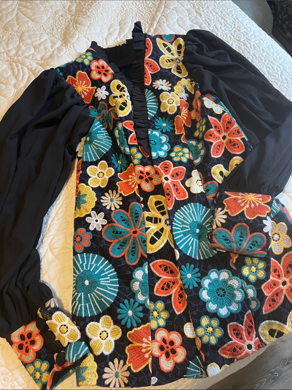 Black Floral Embroidered Tunic Top - Multicolor Flowers